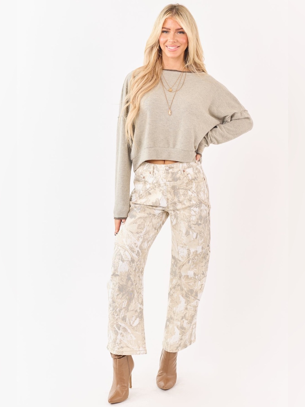SAIGE Sand Camo Print High Rise Tummy Control Barrel Jeans Size M NWT